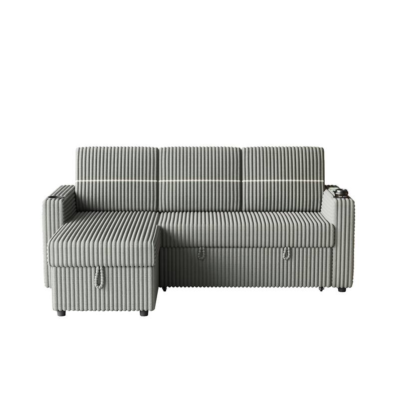 Pull-Out Sofa Bed with Storage Chaise, USB Port, and Cup Holders - 3-Seater Sleeper Couch
