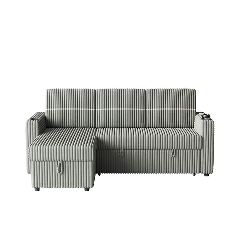 Corduroy 85" Sleeper Sofa Bed, 3-Seater with Storage Chaise, USB Port