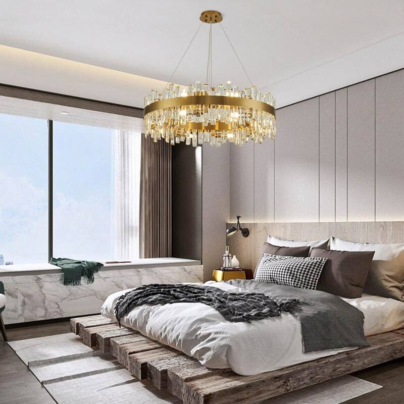 32 in. 2-Tier Modern Crystal Chandelier Brass Gold Round Crystal Raindrop Chandelier Contemporary Pendant Light for Dining Room