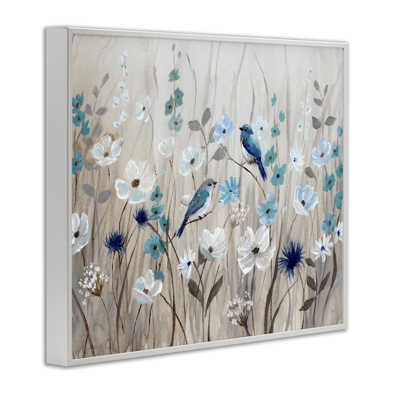 Stupell Birds Floral Meadow Blue White Blossoms Framed Wall Art
