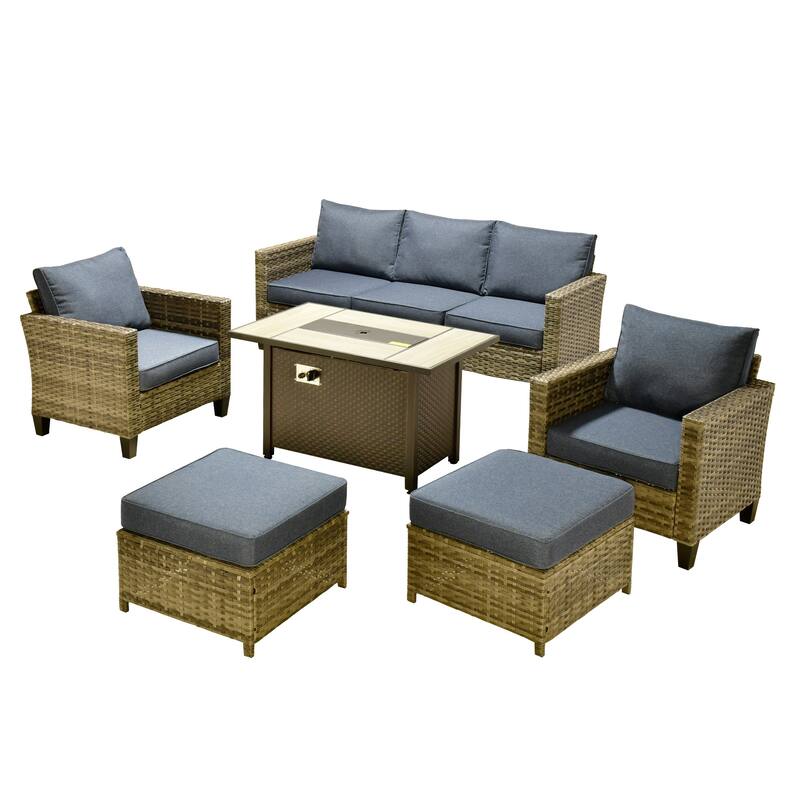 OVIOS 6-piece Patio Wicker Conversation Furniture Set With Fire Pit