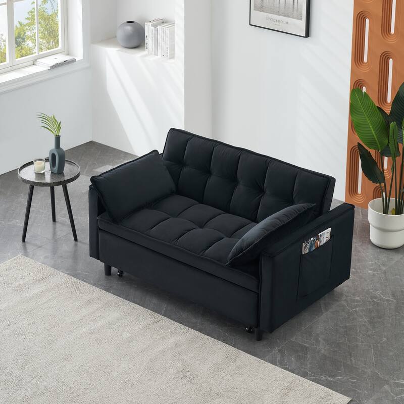 3 in 1 Tufted Convertible Sleeper Sofa Bed, Small Lounge Sofa with Reclining Back, Loveseat Sofa with Toss Pillows and Pockets