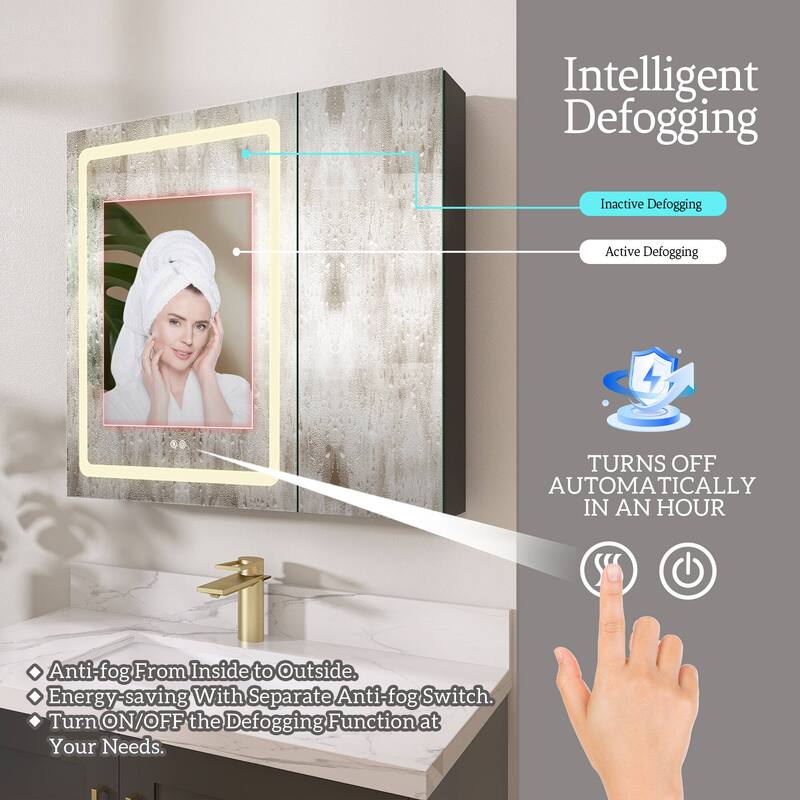 ZEAFIVE LED Black Bathroom Medicine Cabinet Surface Mount Defog Medicine Cabinet 3 Lights Dimmable