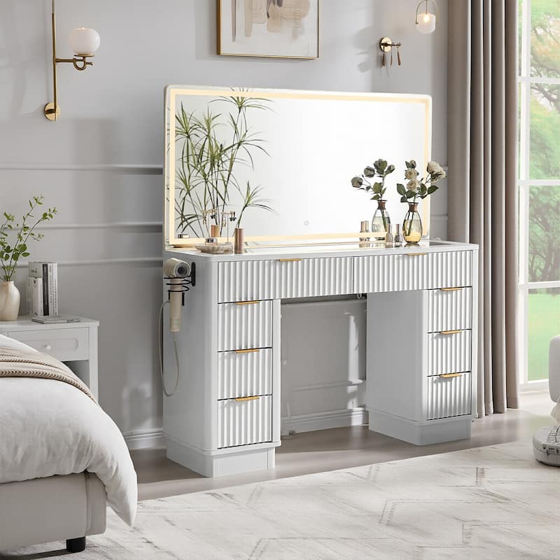 Modern Fluted Makeup Vanity Desk with Mirror, Lights, Charging Station