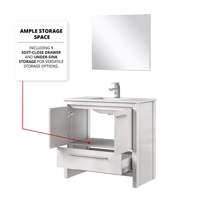 Lafarre Bath Vanity, White Quartz Top, Chrome Faucet Set and Mirror