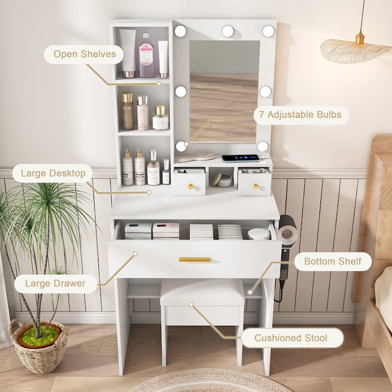 Small Vanity Desk with LED Mirror, Charging Station, Hairdryer Holder & Storage Drawers, Makeup Table with Stool
