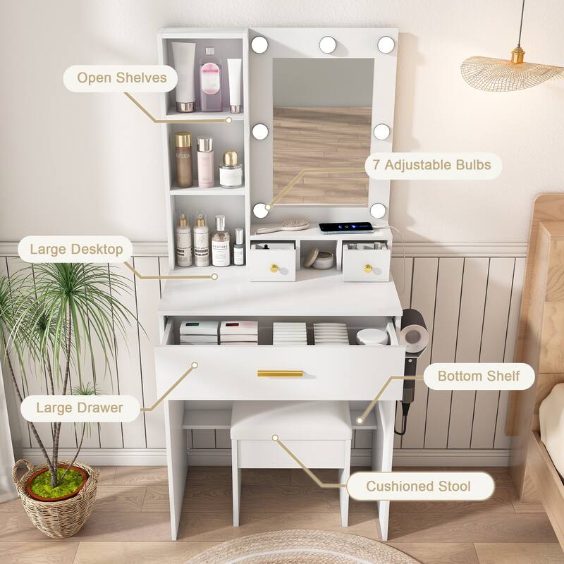 Vanity Desk with Mirror & LED Lights, Makeup Table with Power Outlet, Hairdryer Holder & Stool, Compact Dressing Table Set