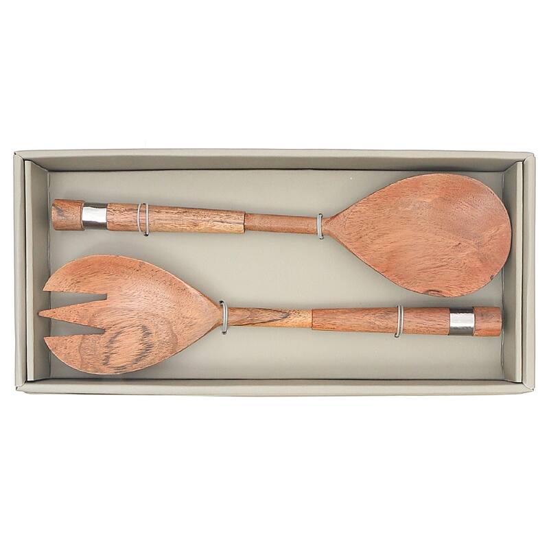 IH Casa Decor Natural Acacia Wood With Hammered Nickel 2 Pc Salad Server Set