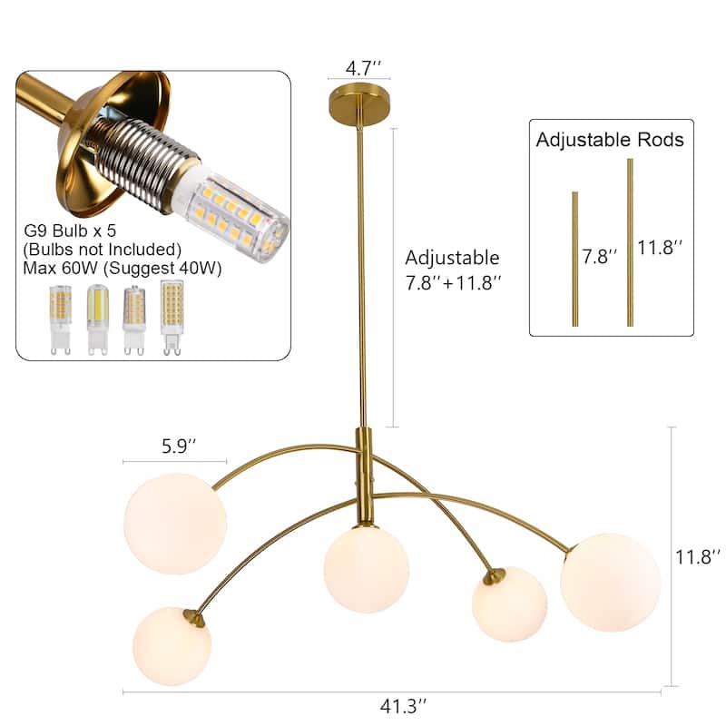 5 - Light Dimmable Modern Linear Globe Chandelier