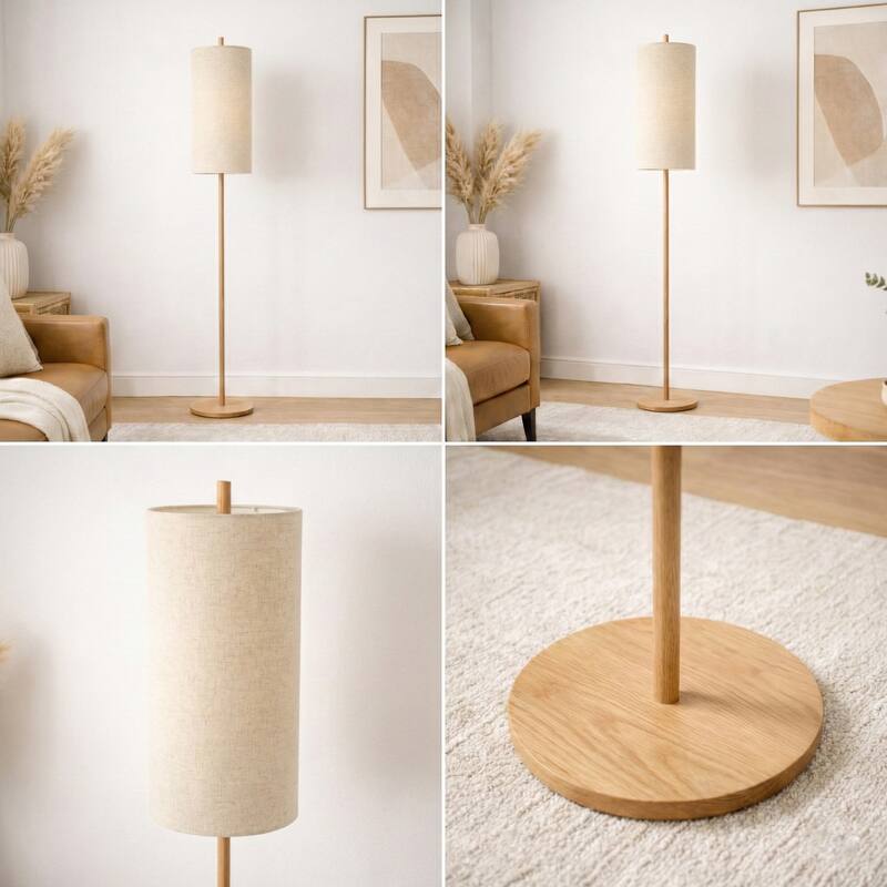 Alicia Natural Wooden Floor Lamp with Cylindrical Woven Shade