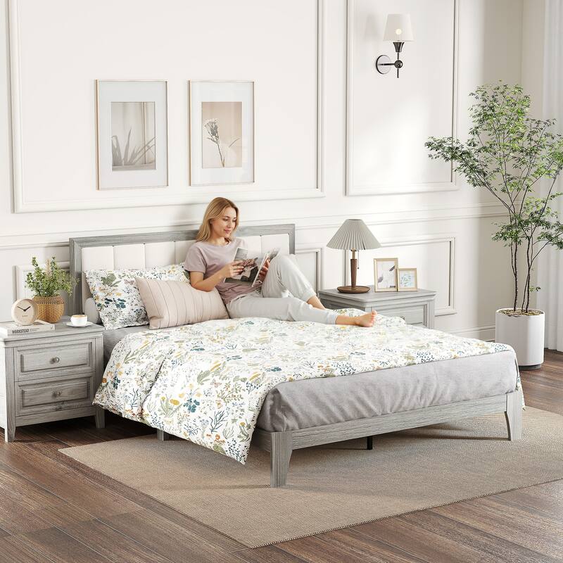 HOMCOM Queen Size Bed Frame with Upholstered Headboard, Platform Bed Frame with Wooden Slats, No Box Spring Needed