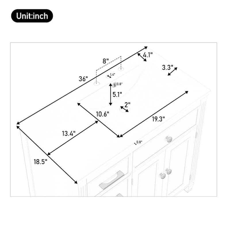 36" Bathroom Vanity with Sink, Ceramic Sink, One Tip-out Drawer, 3 Side Drawers, Adjustable Shelf