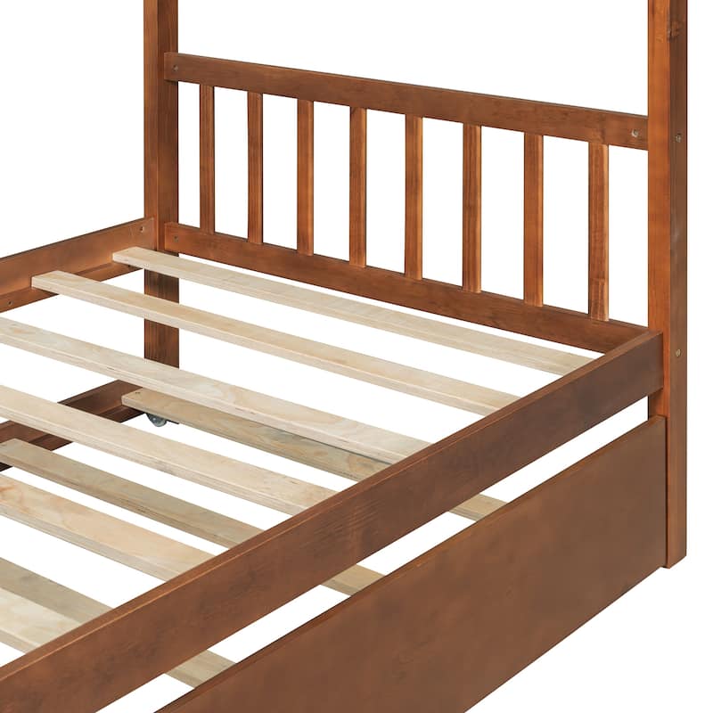 Twin Size Wooden House Bed with Twin Size Trundle, Walnut