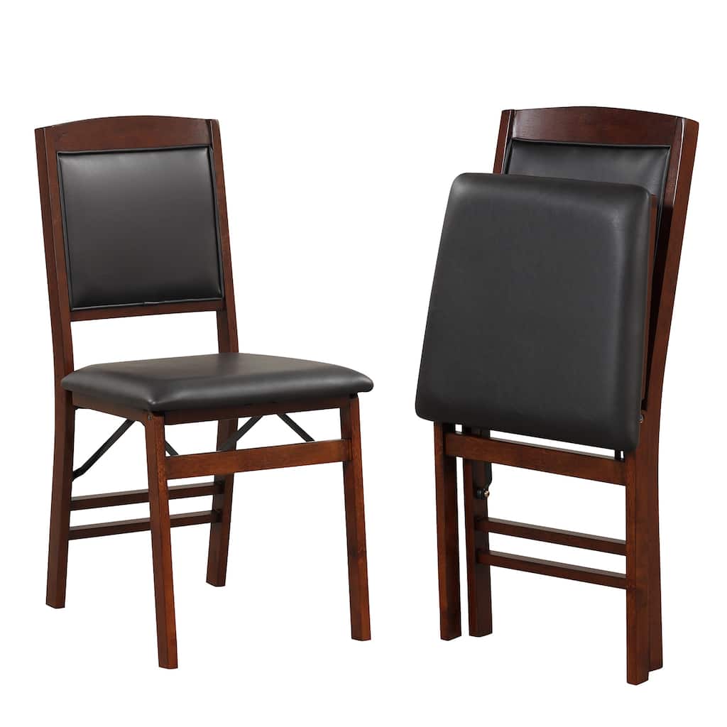 Set of 2 Black and Brown Folding Dining Chairs with Padded PU Leather Seat and Solid Wood - 19.5" x 16" x 34" (L x W x H)
