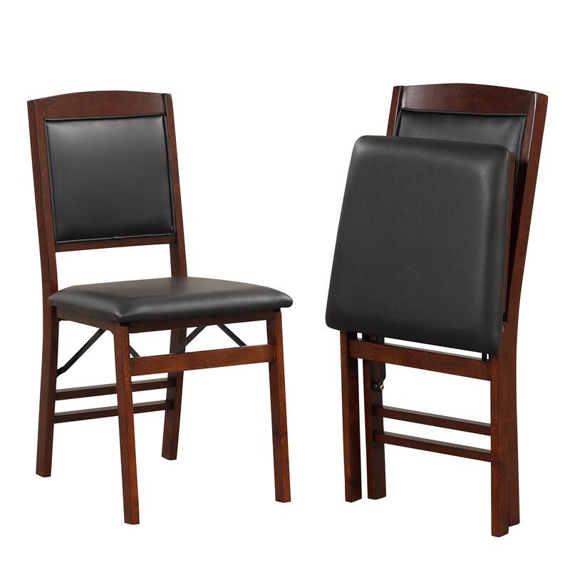 Set of 2 Black and Brown Folding Dining Chairs with Padded PU Leather Seat and Solid Wood - 19.5" x 16" x 34" (L x W x H)