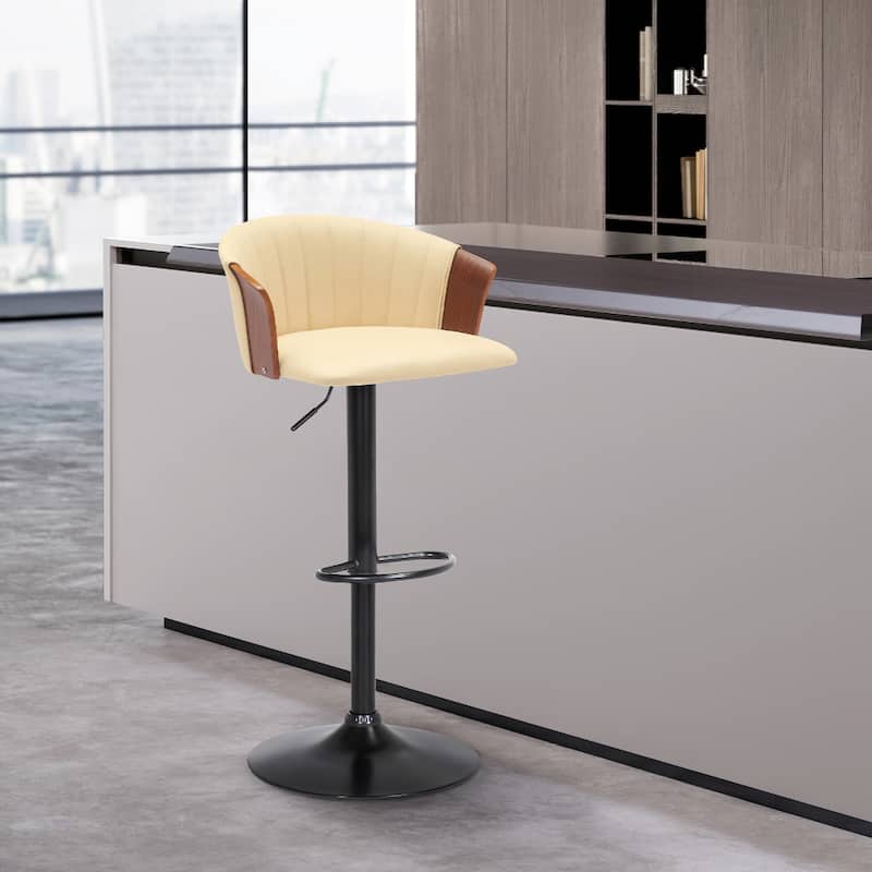Faux Leather Adjustable Bar Stool with Arms, Swivel and Footrest - 21” x 20” x 41” (D x W x H)
