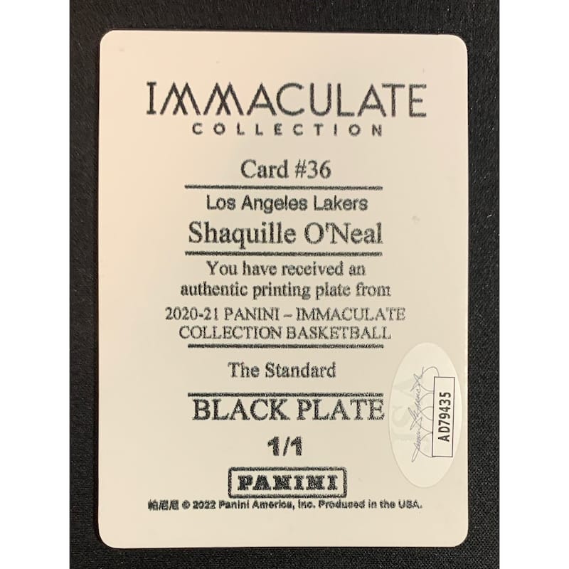 Shaquille OΓÇÖNeal 2020 Panini Immaculate Signed Printing Plate Card Auto JSA 1/1 - 8'6" x 11'6"