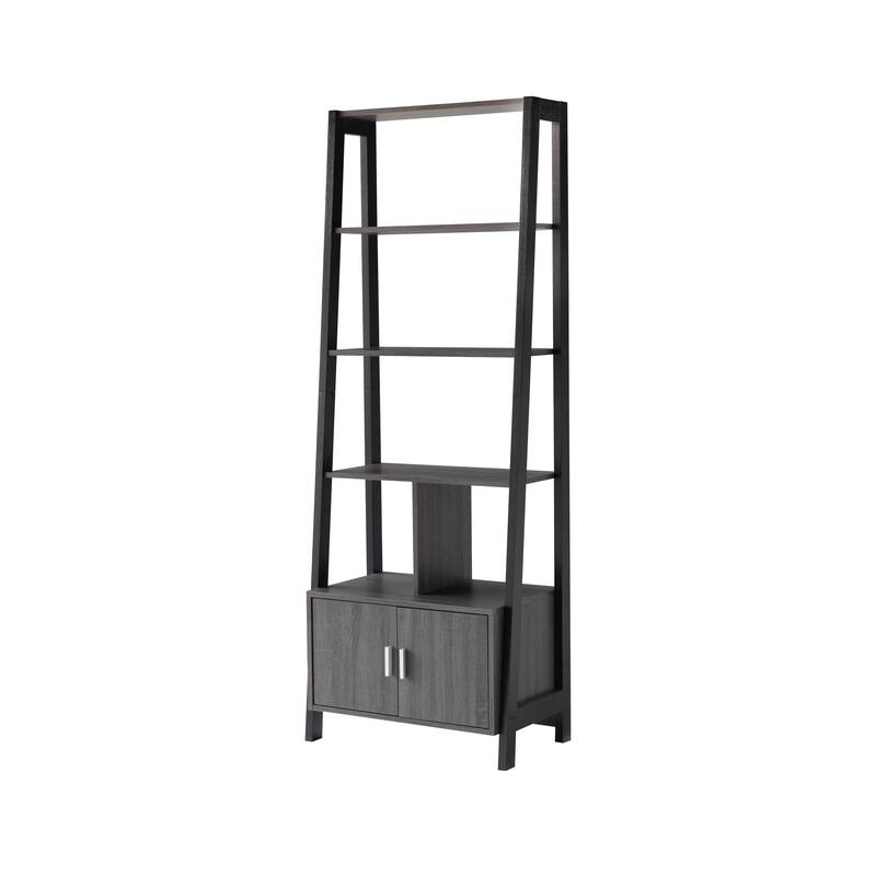 70 Inch Ladder Bookcase with Double Door Cabinet, 3 Shelves, Gray, Black