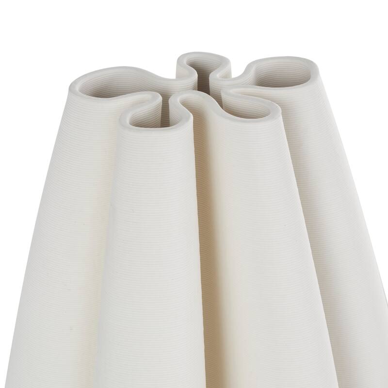 White Ceramic Ribbed Dimensional Concaved Abstract Vase with Floral Shaped Rim