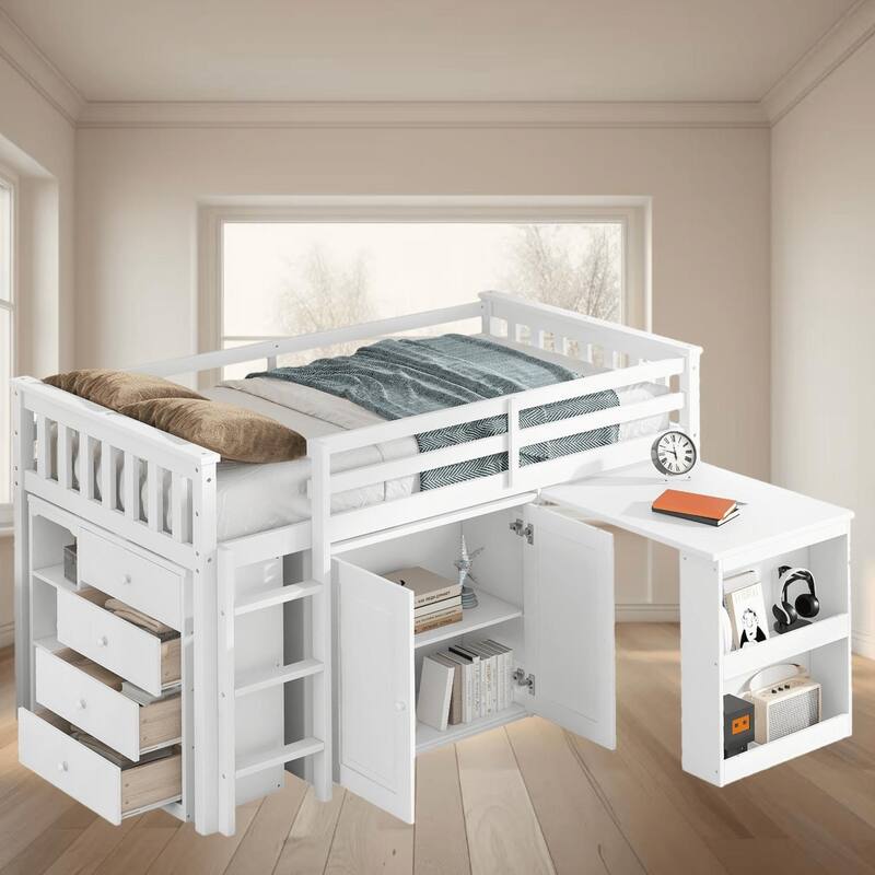 Twin Size Loft Wooden Platform Bed Frame with Storage Cabinet and Pull-Out Desk, Space-Saving Design for Kids Bedrooms - White - Twin