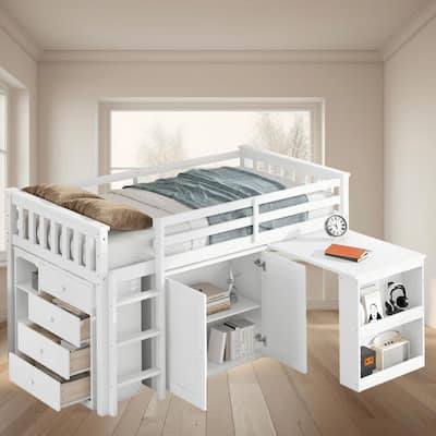 Twin Size Loft Wooden Platform Bed Frame with Storage Cabinet and Pull-Out Desk, Space-Saving Design for Kids Bedrooms