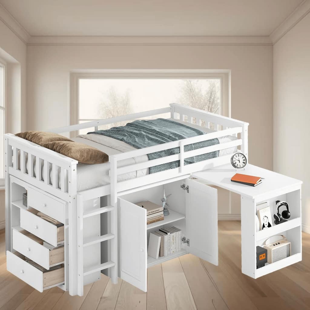 Twin Size Loft Wooden Platform Bed Frame with Storage Cabinet and Pull-Out Desk, Space-Saving Design for Kids Bedrooms
