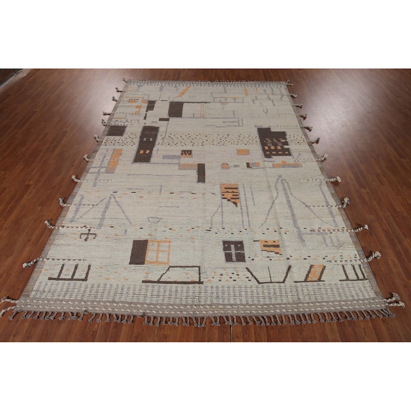 Modern Moroccan Abstract Area Rug Handmade Stripe Wool Carpet - 8'10"x 12'5"