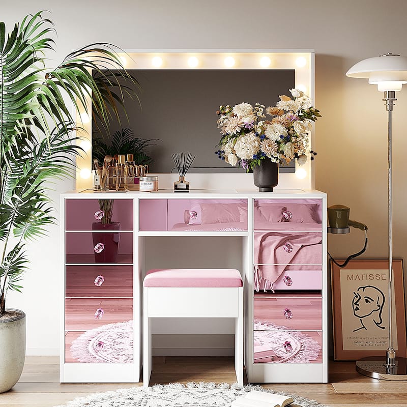 Makeup Vanity with 15 Hollywood Bulbs, 3 Color Lighting Modes Adjustable Brightness - Pink,White