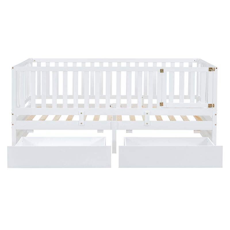 Twin Size Wood Daybed with Fence Guardrails and 2 Drawers, Split into Independent Floor Bed & Daybed