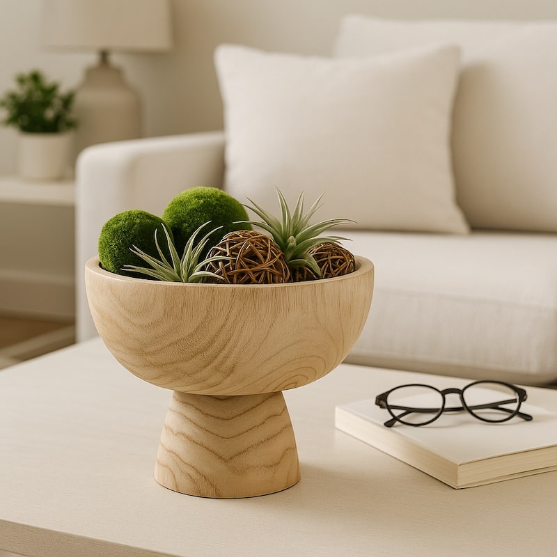 Decorative Round Wooded Pedestal Bowl - Home Decor - 8", Natural Brown