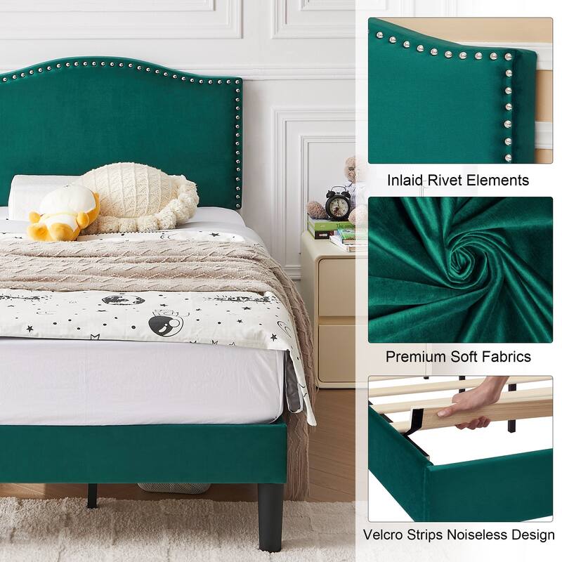 Javlergo Upholstered Platform Bed Frame with Adjustable Headboard, Strong Frame and Wooden Slats Support, Easy Assembly