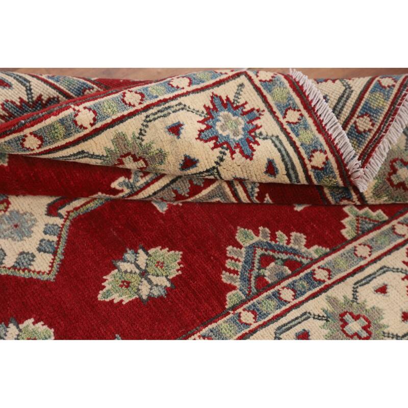 Red Geometric Kazak Foyer Rug Handmade Oriental Wool Carpet - 3'6" x 5'1"