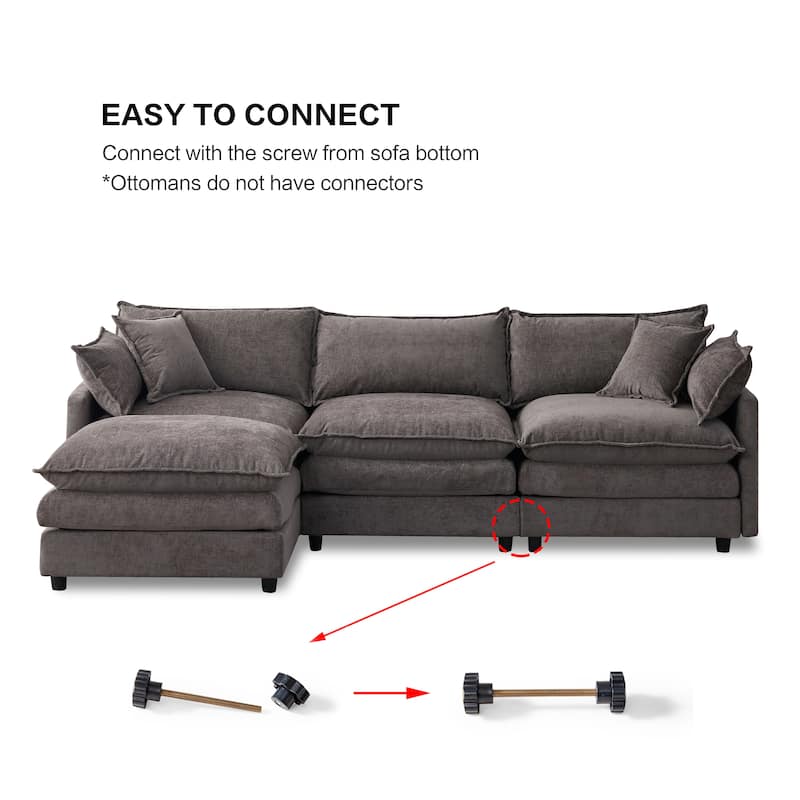 Chenille Upholstered L-shaped Sectional Sofa 3 Seater Modular Couch with Ottoman, Pillows and Double Layer Seat Cushions