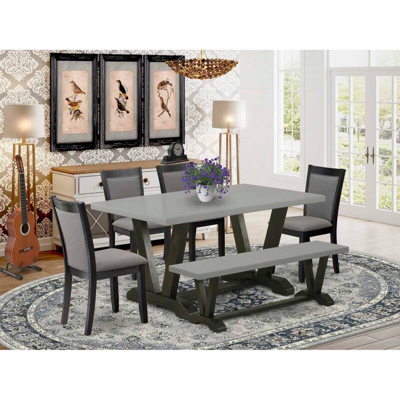 HomeStock 6-Piece Rectangle Natural Oak Finish Solid Wood Top Dining Table with 1-Bench, 4 Upholstered-Chairs