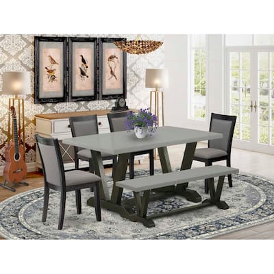 HomeStock 6-Piece Rectangle Natural Oak Finish Solid Wood Top Dining Table with 1-Bench, 4 Upholstered-Chairs