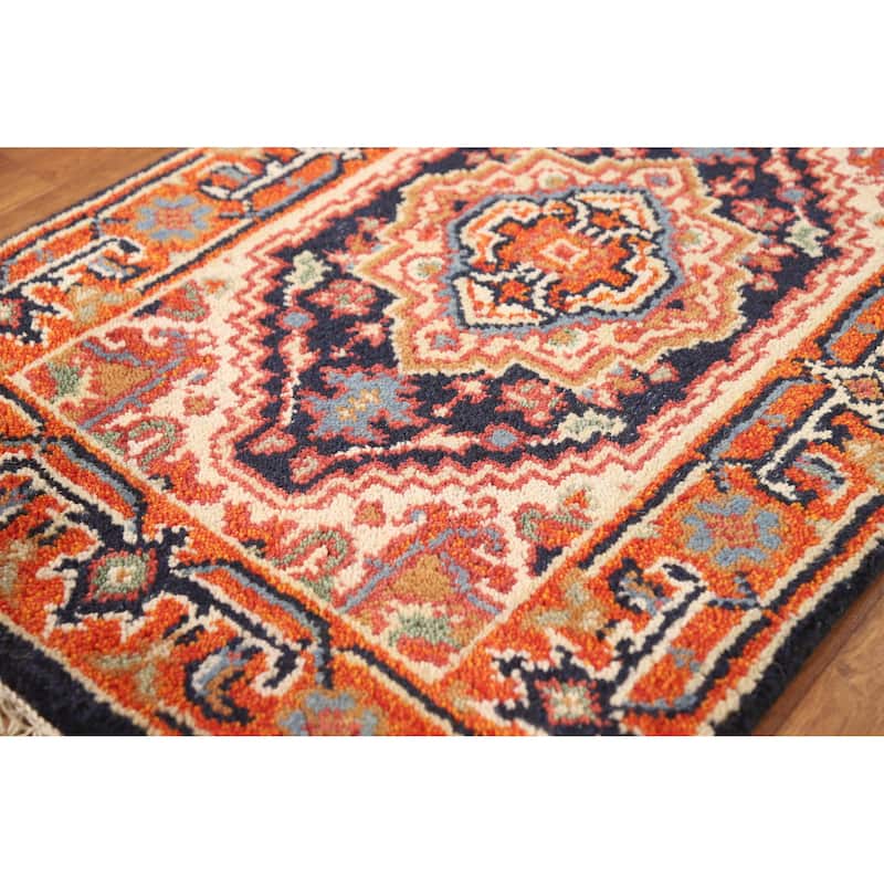 Hand Knotted Oriental 100% Wool Carpet Traditional Medallion Navy Blue & Blues Heriz (serapi) Area Rug - 3' 0'' X 2' 0''