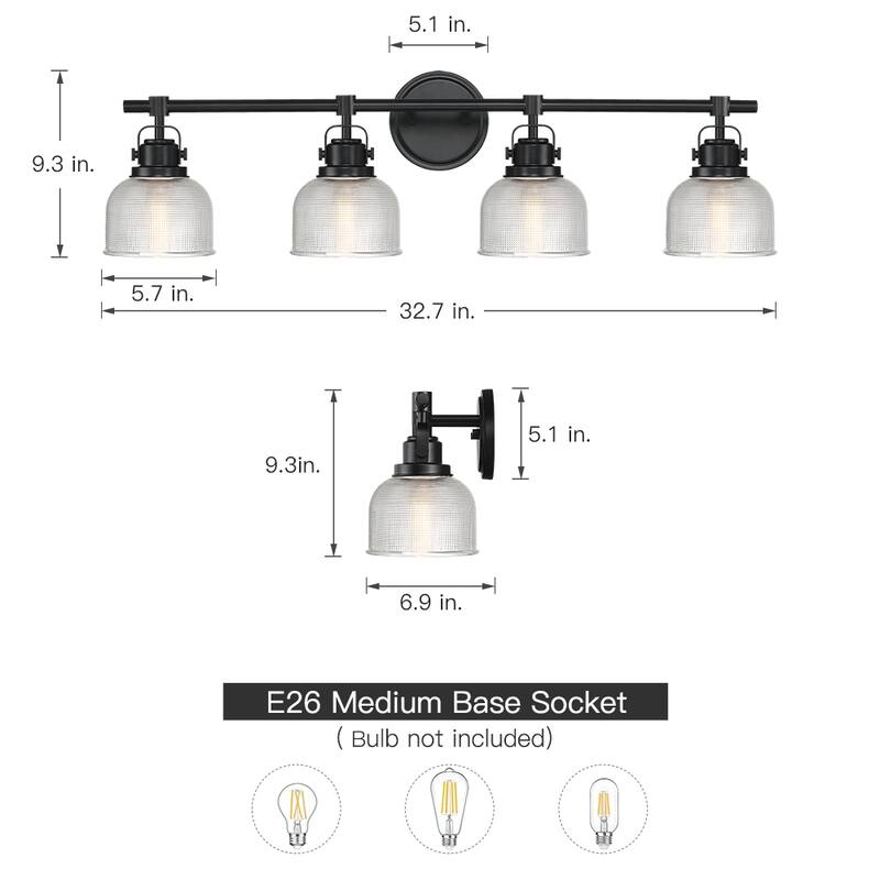 Black Bathroom Vanity Wall Light with Clear Prismatic Glass Shade