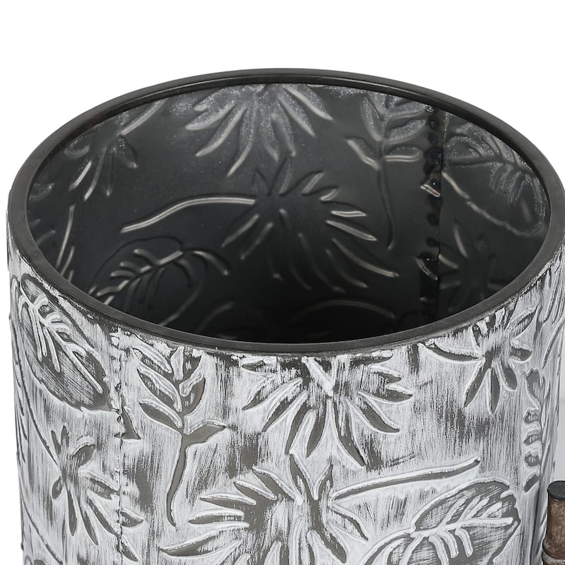 Coastal Distressed White and Grey Metal Cachepot Planters with Metal Stand (Set of 2)