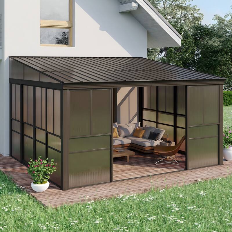 Outdoor Solarium Sunroom,Patio Hardtop Gazebo,All-Season Aluminum Patio Gazebo with with Sliding Doors and Screens - 12'x14' - Brown-Single Roof