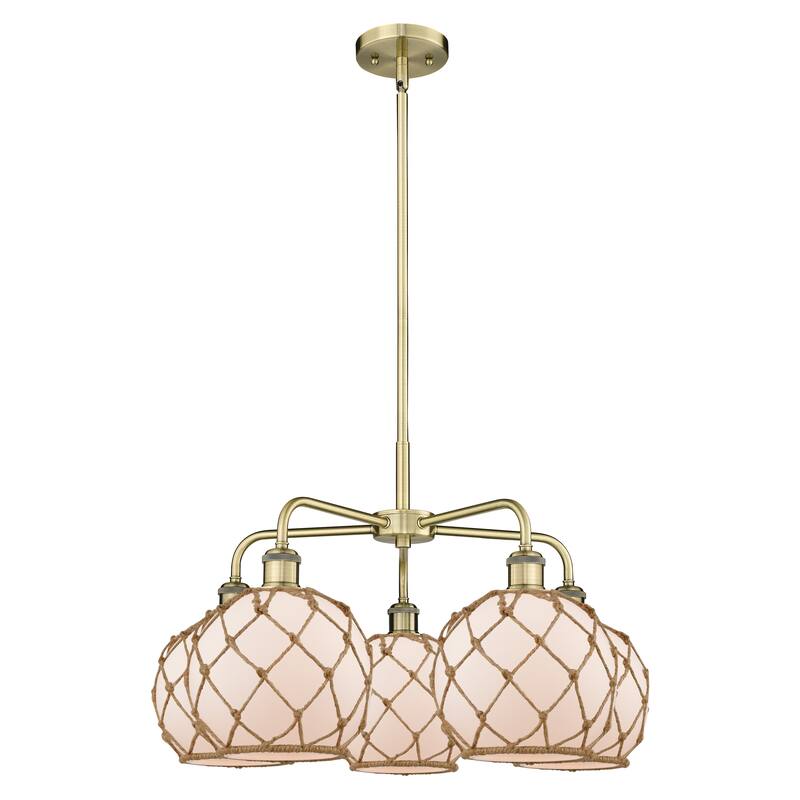 Innovations Lighting Endless Possibilities Ballston - Farmhouse Rope - 5 Light 27" Stem Hung Chandelier - Antique Brass/White Glass with Brown Rope