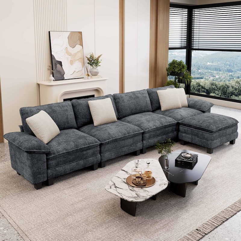 MAISON ARTS Modular Cloud Sectional Sofa, Comfy L- or U-Shaped Couch with Ottomans & Pillows, 4–6 Seat Living Room Sofa - Blue Grey Chenille(5 Pieces) - Reversible