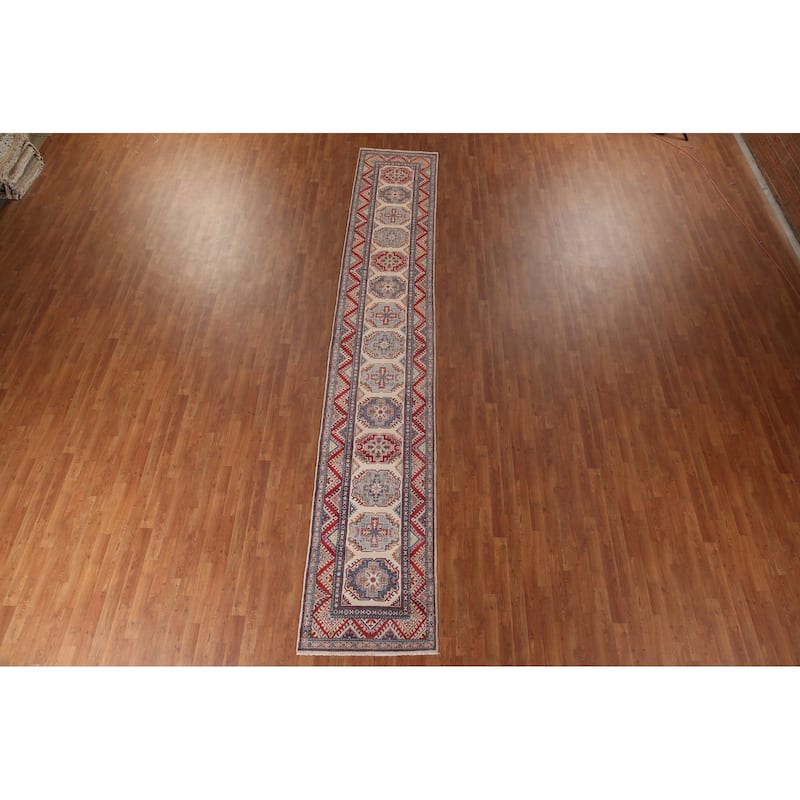 Geometric Kazak Runner Rug Handmade Beige Oriental Wool Carpet - 2'7" x 15'5"