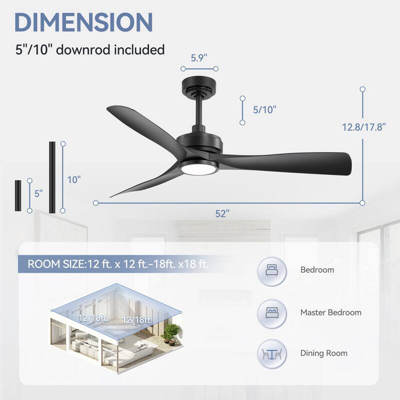 52-inch Black Waterproof Outdoor Ceiling Fan with Light Remote(3-Blade)