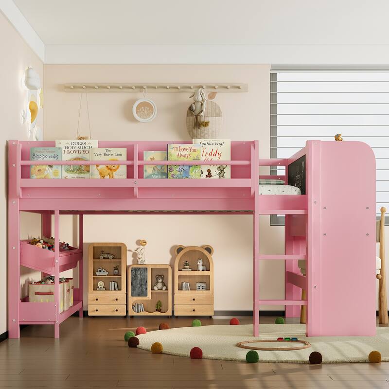 Full/Twin Size Loft Bed with Built-in Desk, Multi-Storage Bookcases & Blackboard, Solid Wood Low Loft Bed Frame