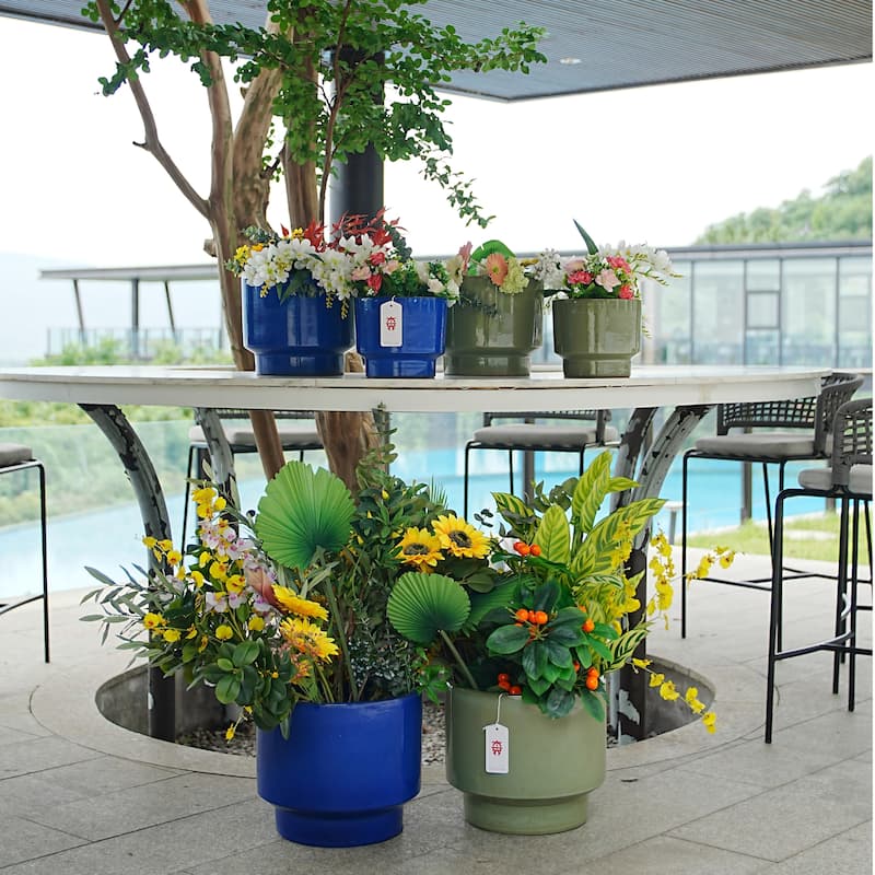 Antique Blue Green Ceramic Planter Set of 3 - 15 Inch Square Modern Plant Pots with Drainage - Antique blue green