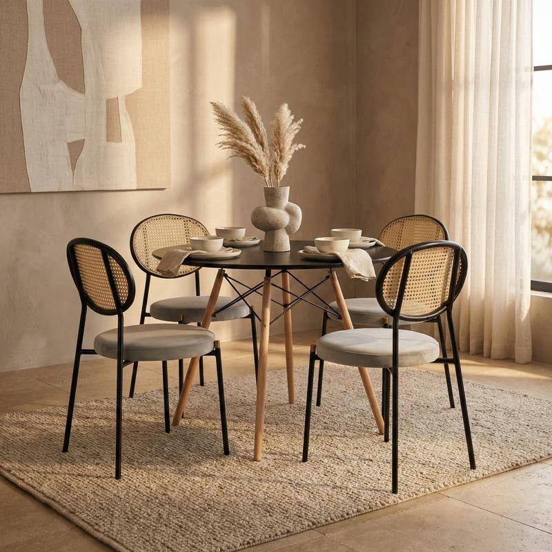 Leisuremod 5-Piece Dining Set with 1 Modern Solid Wood Top Round Dining Table and 4 Velvet/Leather Upholstered Chairs