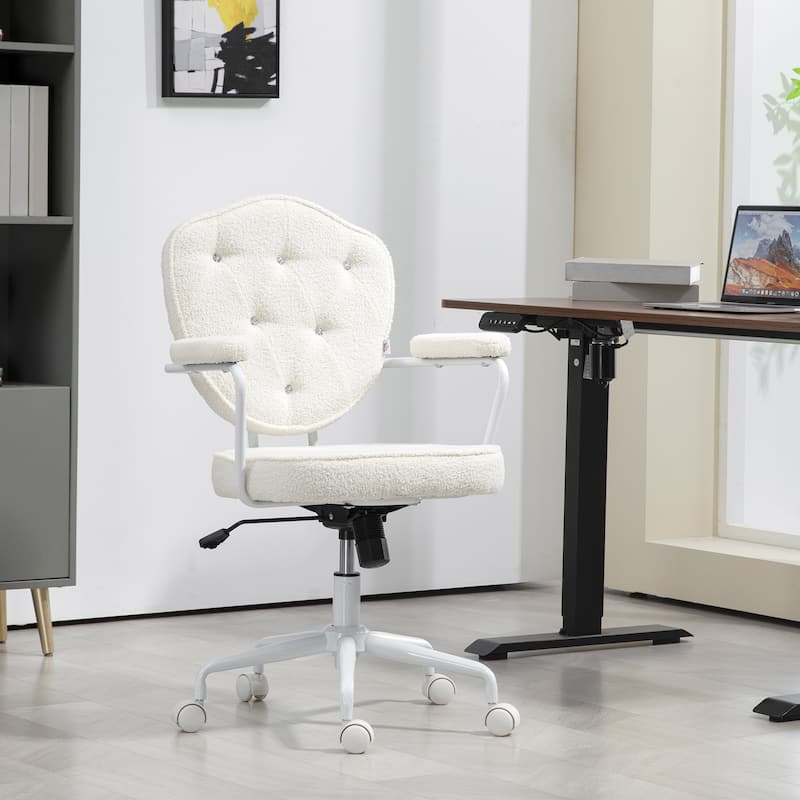 Cute Home Office Chair, Computer Desk Chair with Button Tufted Teddy Bear Fleece, Swivel Vanity Chair, Cream White