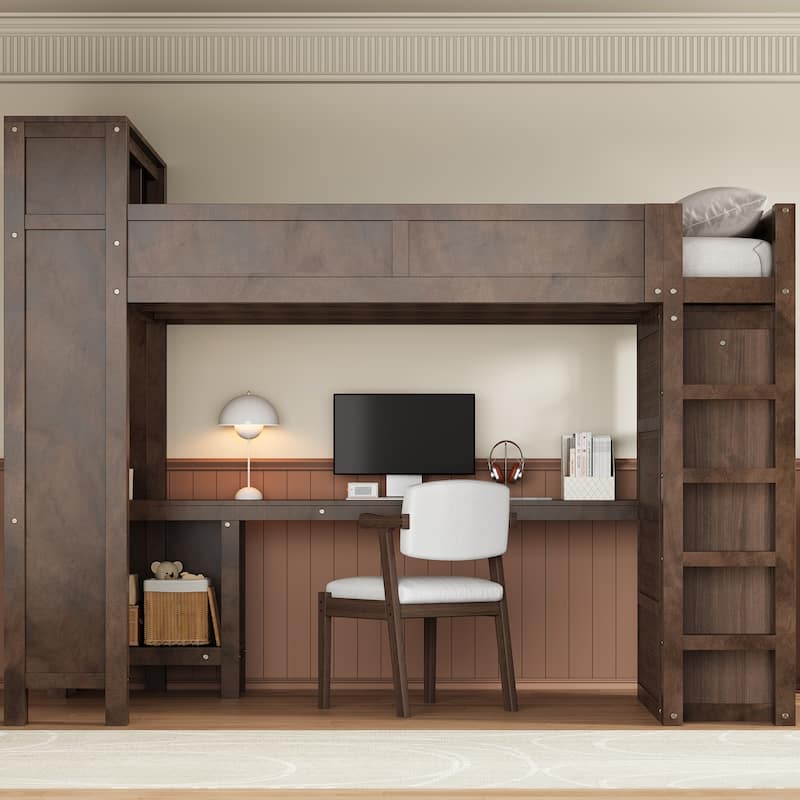 Heavy-Duty Loft Bed Queen Size Loft Frame with Wardrobe Desk USB