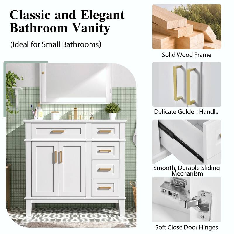 36" Modern Bathroom Vanity with Ceramic Sink, Soft Close Doors, 4 Drawers for Storage