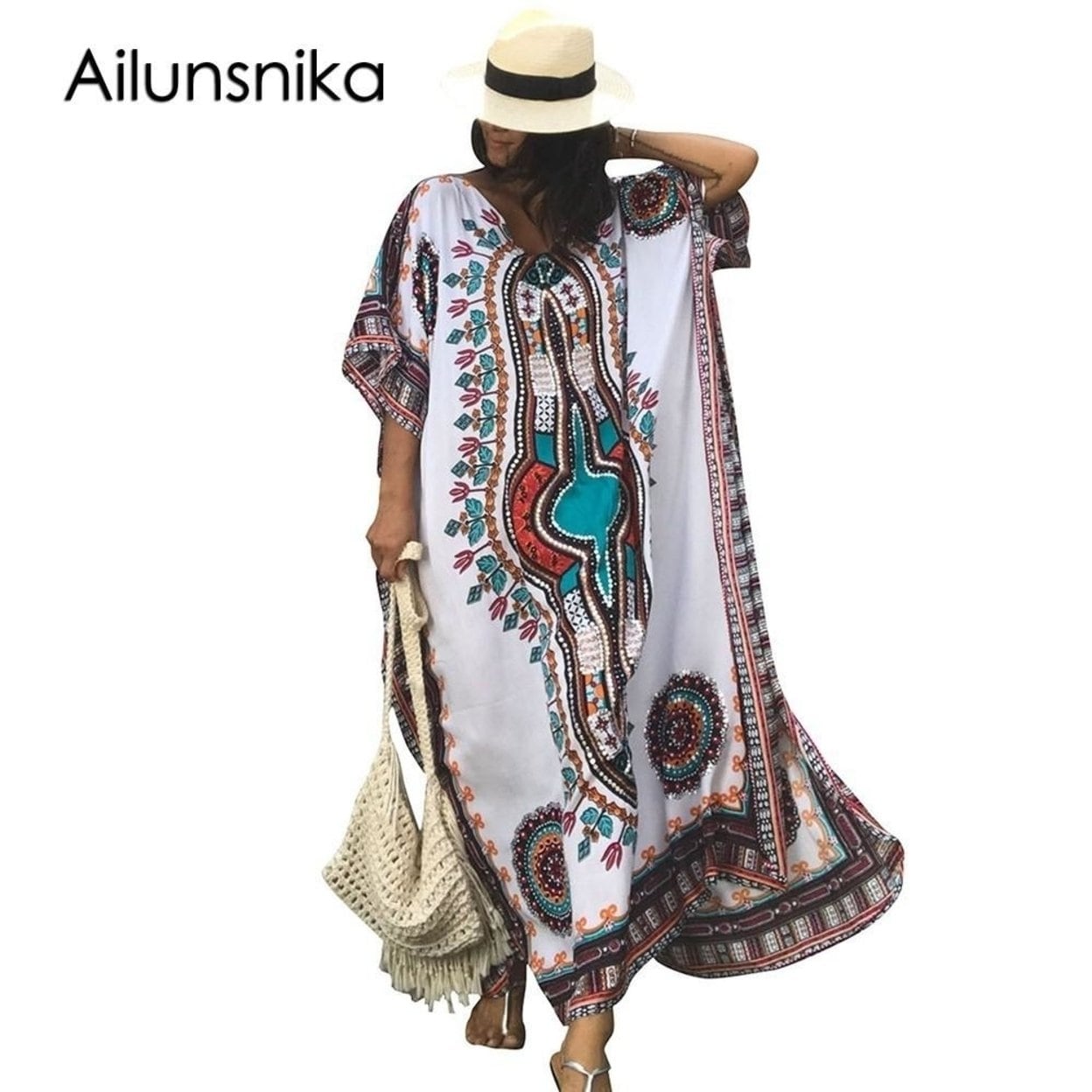 Shop Ailunsnika Plus Size Women Summer African Ethnic Print Kaftan